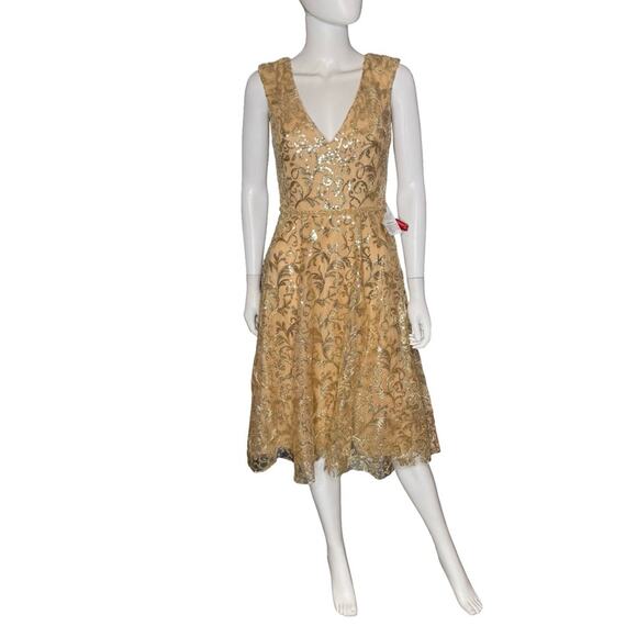 Mac Duggal Gold Sequined V Neck Cap Sleeve Dress 68012 Women’s Sz 6 NWT - Picture 2 of 8